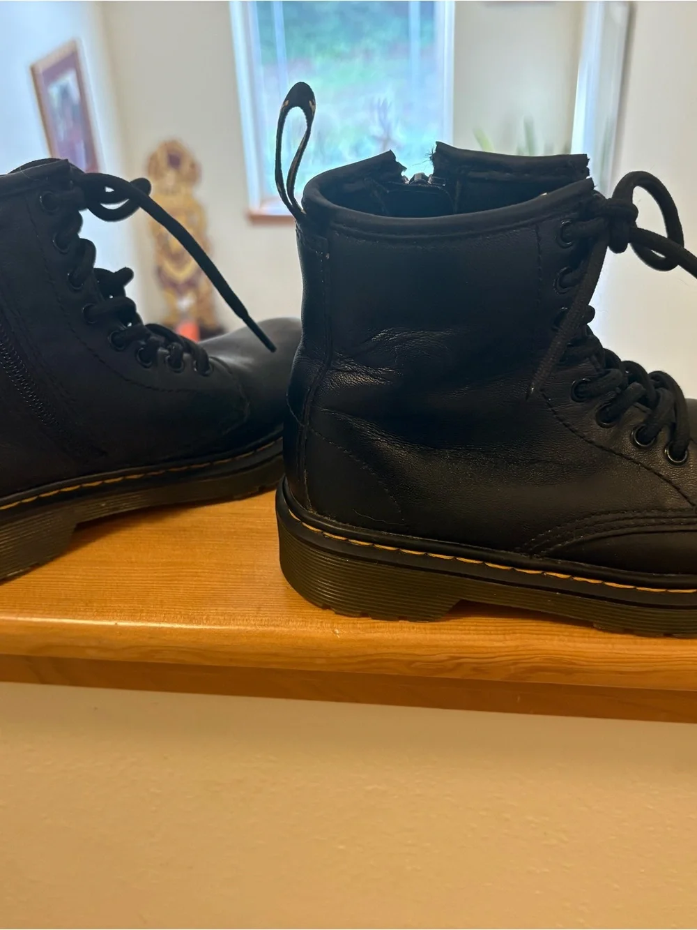 Kids boots: Dr. Martens Black Leather Kids Lace-Up Boots with Yellow Stitching